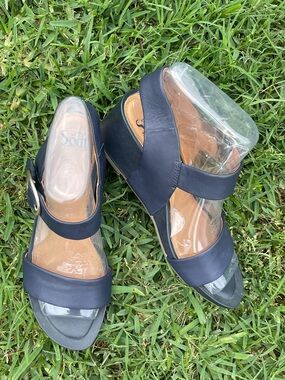 Sofft Navy Leather Wedge Sandals with Ankle Buckle